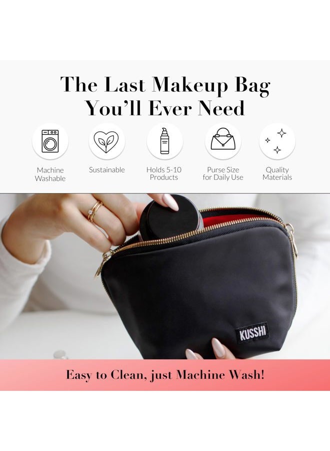KUSSHI Washable Travel Makeup Bag for Purse (Everyday, Satin Black/Red) - Image 2
