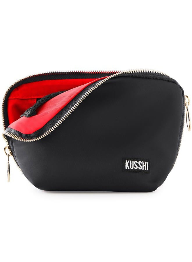 KUSSHI Washable Travel Makeup Bag for Purse (Everyday, Satin Black/Red) - Image 1