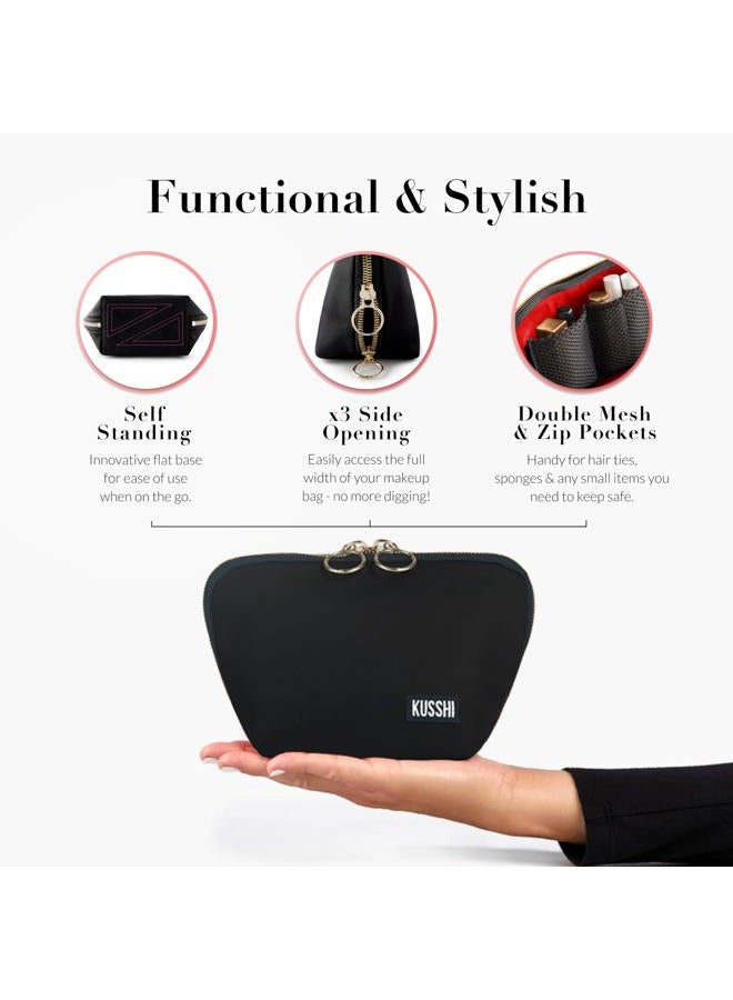 KUSSHI Washable Travel Makeup Bag for Purse (Everyday, Satin Black/Red) - Image 3
