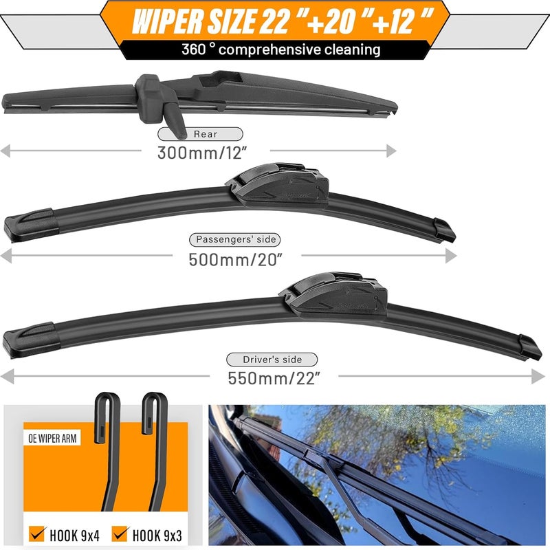 AUTOBOO 22"+20" Windshield Wipers with 12 Inch Rear Wiper Blade Replacement for Toyota 4runner 2003 2004 2005 2006 2007 2008 2009 -Original Factory Quality (Pack of 3) - Image 3