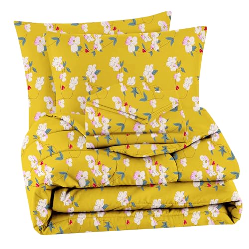 VAS COLLECTIONS 350TC Glace Floral Cotton AC Comforter Set King Size Double Bed with 1 Flat bedsheet & Two King Pillow Covers, 4 Pieces Bedding Set (90x90 inch, Yellow) - Image 1