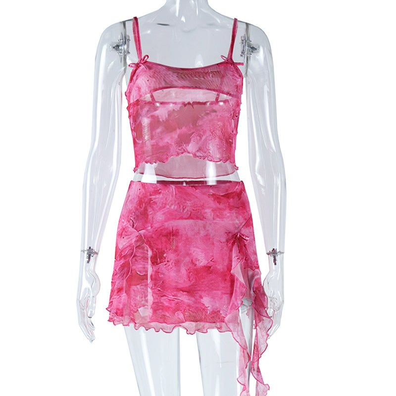 Chic Printed Cami Top  Skirt Set Watermelon red 