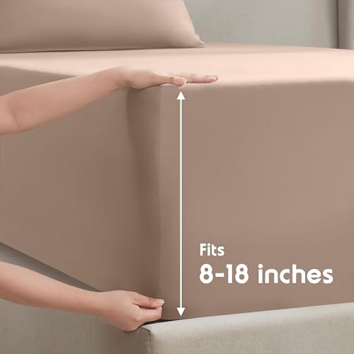 Nestl Short Queen Bed Sheet Set - Taupe - Instantly Soft Microfiber, No Break-in Wash - 4-Piece Deep Pocket Sheets & Pillowcases, Stays Put All Night - Image 4