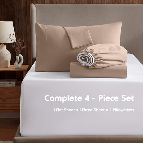 Nestl Short Queen Bed Sheet Set - Taupe - Instantly Soft Microfiber, No Break-in Wash - 4-Piece Deep Pocket Sheets & Pillowcases, Stays Put All Night - Image 2