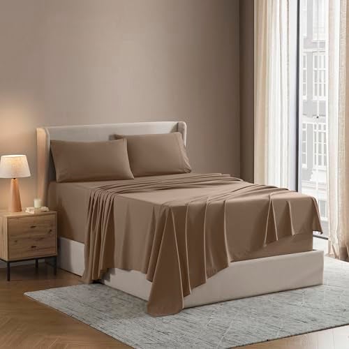 Nestl Short Queen Bed Sheet Set - Taupe - Instantly Soft Microfiber, No Break-in Wash - 4-Piece Deep Pocket Sheets & Pillowcases, Stays Put All Night - Image 1