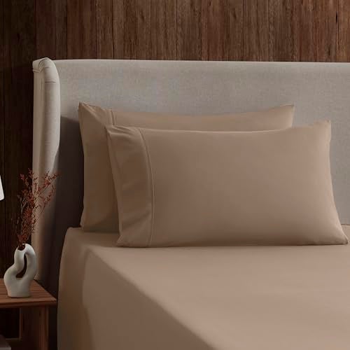 Nestl Short Queen Bed Sheet Set - Taupe - Instantly Soft Microfiber, No Break-in Wash - 4-Piece Deep Pocket Sheets & Pillowcases, Stays Put All Night - Image 3
