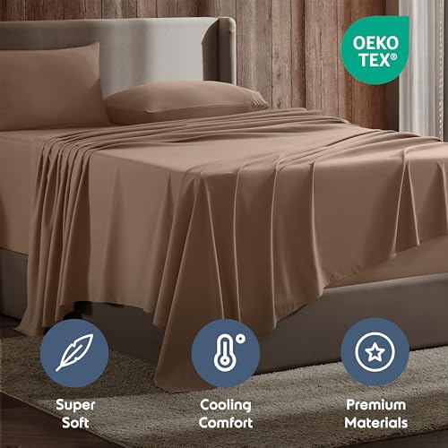 Nestl Short Queen Bed Sheet Set - Taupe - Instantly Soft Microfiber, No Break-in Wash - 4-Piece Deep Pocket Sheets & Pillowcases, Stays Put All Night - Image 5