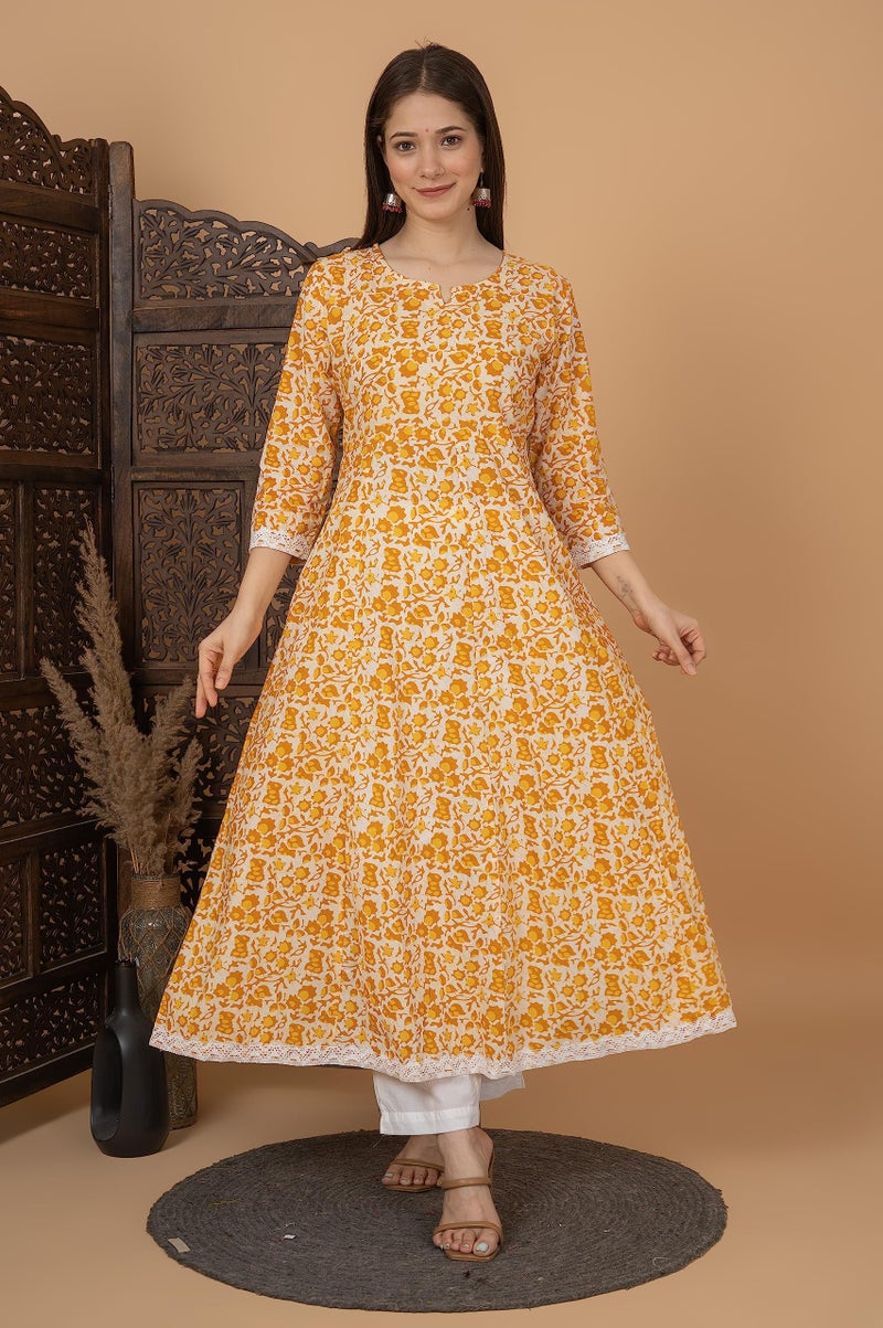 Meera Fab كورتا أناركالي مطبوعة من ميرا فاب للنساء مع بالازو ودوبتة مجموعة صغيرة صفراء - Image 5
