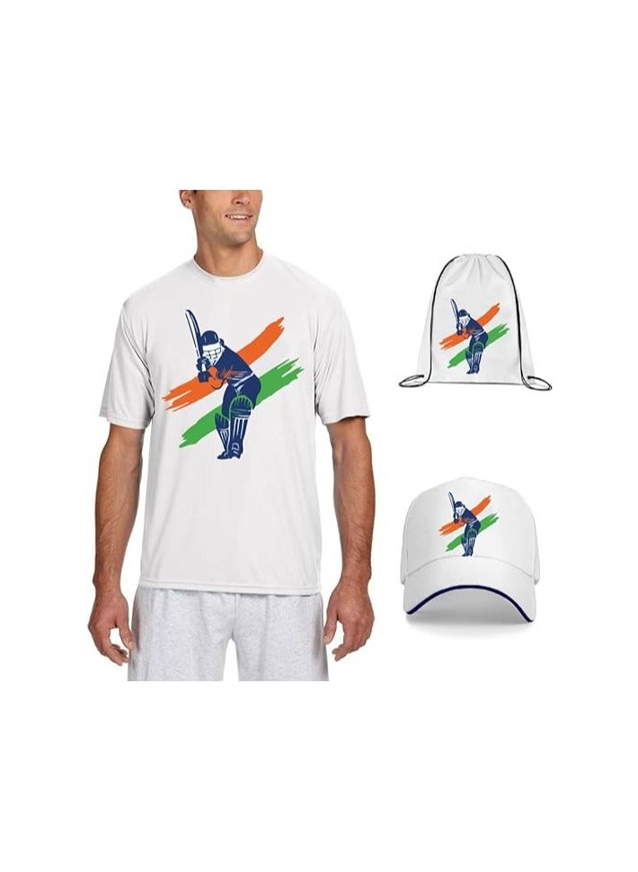 India Unisex Sports Blue Jersey - T-shirt, Drawstring Bag, Cap, and Scarf - Perfect for Indian Cricket Fans and Cricket Lovers - Ideal for Matches  - Image 1