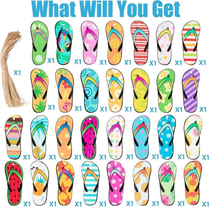 Haooryx 31PCS Summer Flip Flop Hanging Wood Ornaments Decorations Hawaii Beach Slippers Theme Wooden Slices Gift Tags Pendant with Rope Tree Ornament for Home Summer Luau Tropical Party Favors Supply - Image 2