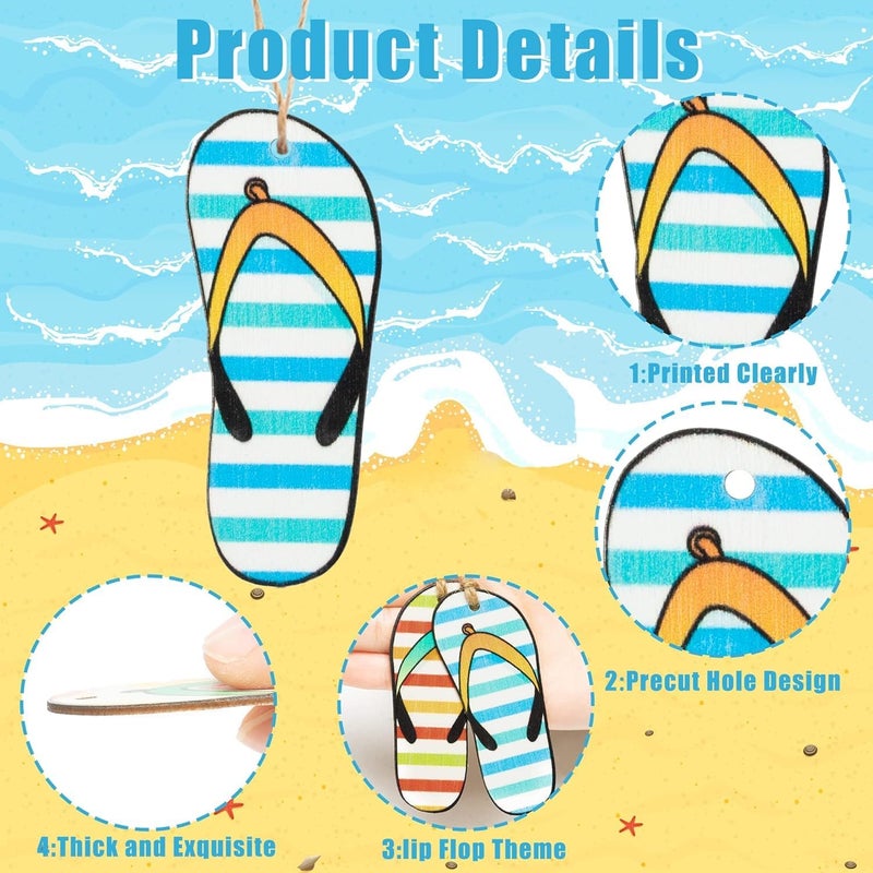 Haooryx 31PCS Summer Flip Flop Hanging Wood Ornaments Decorations Hawaii Beach Slippers Theme Wooden Slices Gift Tags Pendant with Rope Tree Ornament for Home Summer Luau Tropical Party Favors Supply - Image 4