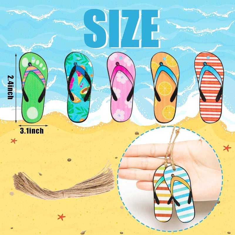 Haooryx 31PCS Summer Flip Flop Hanging Wood Ornaments Decorations Hawaii Beach Slippers Theme Wooden Slices Gift Tags Pendant with Rope Tree Ornament for Home Summer Luau Tropical Party Favors Supply - Image 3