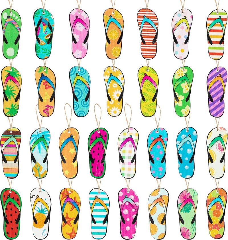 Haooryx 31PCS Summer Flip Flop Hanging Wood Ornaments Decorations Hawaii Beach Slippers Theme Wooden Slices Gift Tags Pendant with Rope Tree Ornament for Home Summer Luau Tropical Party Favors Supply - Image 1
