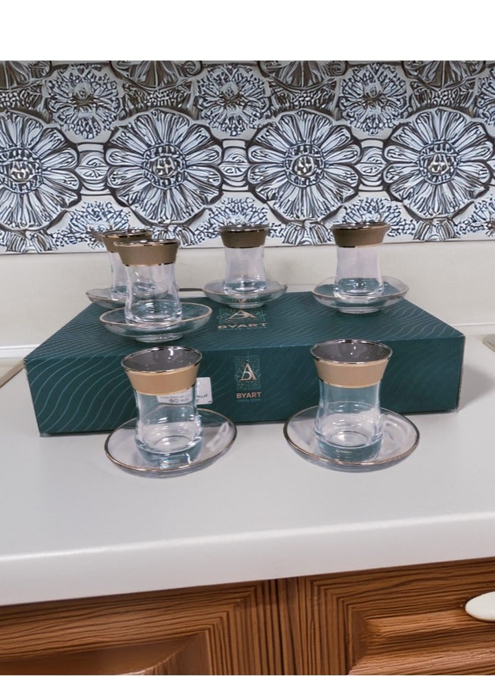 BYART A set of coffee and tea cups consisting of 12 pieces, made of glass, with golden rims and graphics on the top and bottom, made in Turkey. - Image 2