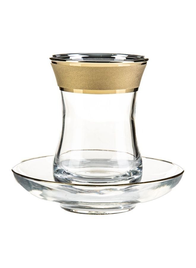 BYART A set of coffee and tea cups consisting of 12 pieces, made of glass, with golden rims and graphics on the top and bottom, made in Turkey. - Image 1