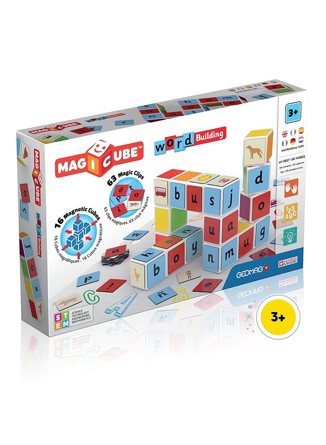 جيوماغ لعبة بناء ماجيكوب، مجموعة بناء الكلمات، 16 و63 مشبكًا مع مكعبات مغناطيسية - Image 1