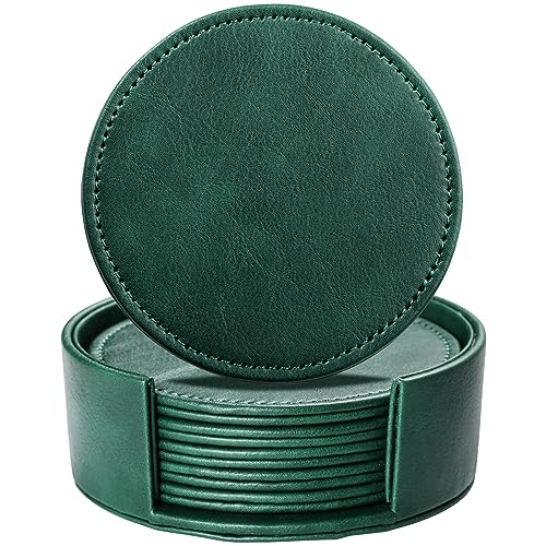 LAMOTI Leather Coasters for Drinks 4 Drink Coasters Set of 6 with Holder for Tabletop Protection Handmade Luxurious Home Dcor and Housewarming Gift Green