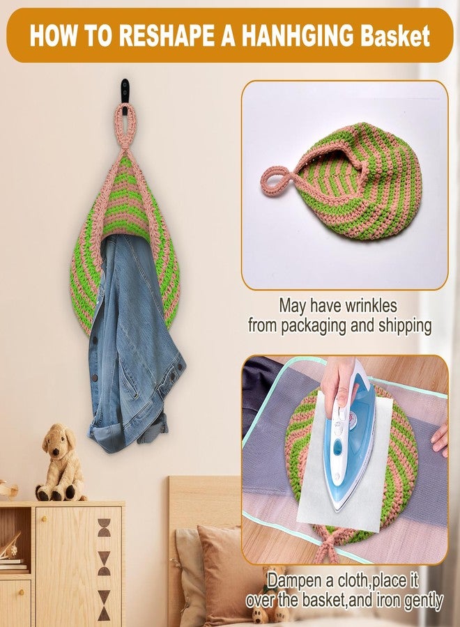 wishfly Hanging Fruit Basket for Kitchen, 3 Pack Hanging Wall Basket with 3 Hooks, Boho Hanging Basket, Hanging Kitchen Baskets for Fruits, Vegetables and Onion Storage, Pink and Green - Image 4