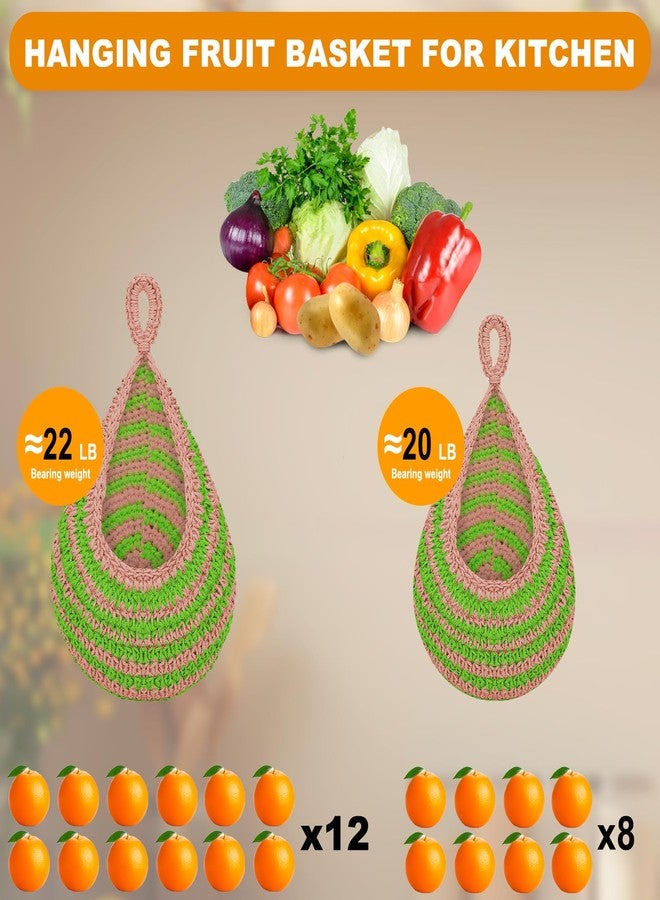 wishfly Hanging Fruit Basket for Kitchen, 3 Pack Hanging Wall Basket with 3 Hooks, Boho Hanging Basket, Hanging Kitchen Baskets for Fruits, Vegetables and Onion Storage, Pink and Green - Image 3