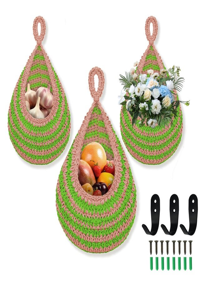 wishfly Hanging Fruit Basket for Kitchen, 3 Pack Hanging Wall Basket with 3 Hooks, Boho Hanging Basket, Hanging Kitchen Baskets for Fruits, Vegetables and Onion Storage, Pink and Green - Image 1