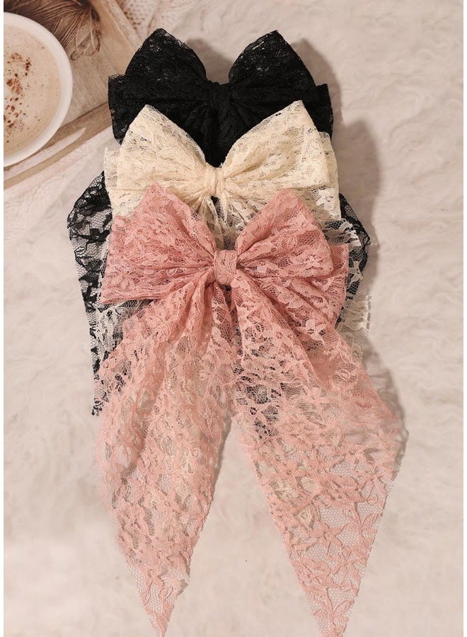 LFOUVRE Womens Hair Bows Lace Bow Hair Clip,Black Hair Bow Beige Bow for Hair, Large Bows for Girl Hair,Hair Bow Clips Pink Hair Bows with Long Tail,Bowknot Barrettes Hair Accessories for Women 3pcs - Image 2