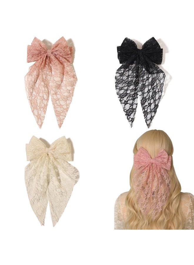 LFOUVRE Womens Hair Bows Lace Bow Hair Clip,Black Hair Bow Beige Bow for Hair, Large Bows for Girl Hair,Hair Bow Clips Pink Hair Bows with Long Tail,Bowknot Barrettes Hair Accessories for Women 3pcs - Image 1