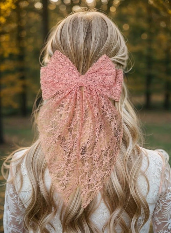 LFOUVRE Womens Hair Bows Lace Bow Hair Clip,Black Hair Bow Beige Bow for Hair, Large Bows for Girl Hair,Hair Bow Clips Pink Hair Bows with Long Tail,Bowknot Barrettes Hair Accessories for Women 3pcs - Image 3