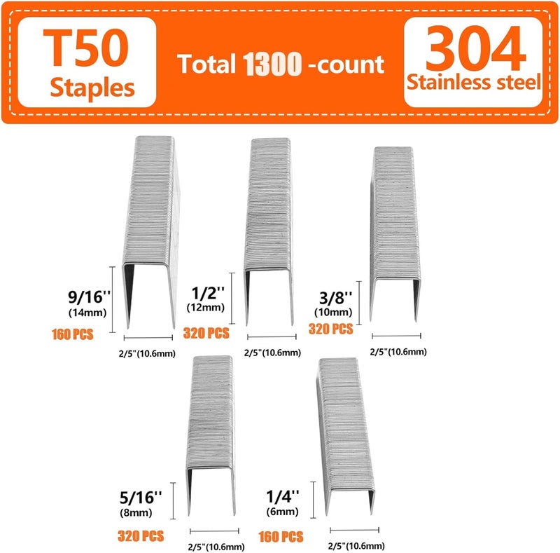 SITLDY Beveled Chiseled Pointed Heavy Duty T50 304 Stainless Steel Staples 1300-Count 5 Sizes Includes: 1/4", 5/16", 3/8", 1/2", 9/16" Assorted Size Project Pack, for Pneumatic, Electric T50 Stapler - Image 2