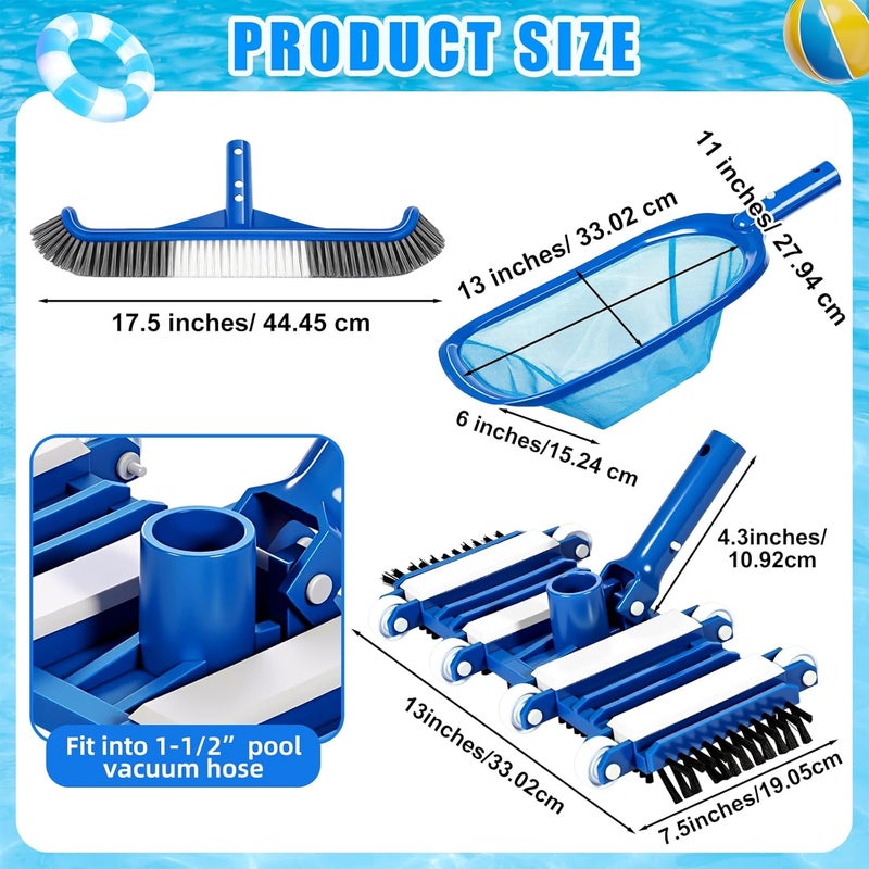 Tioncy 3 Pcs Pool Cleaning Kit Manual Pool Vacuum Head with Wheels and Bottom Side Brushes, Brush and Skimmer Net Fine Mesh for Above Ground In-ground Ponds Spas Hot Tubs - Image 2