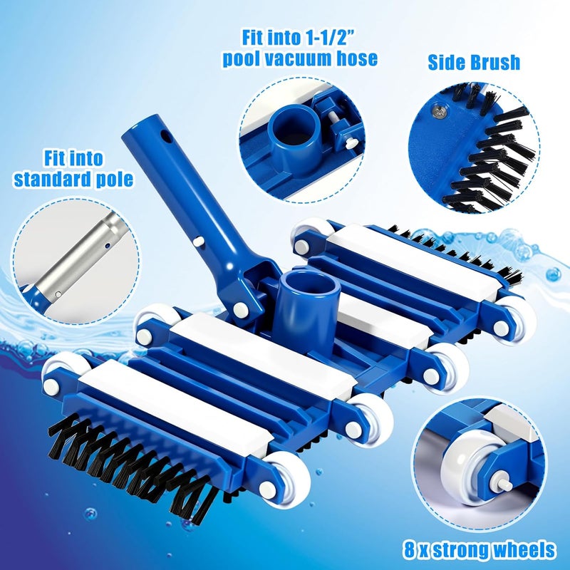 Tioncy 3 Pcs Pool Cleaning Kit Manual Pool Vacuum Head with Wheels and Bottom Side Brushes, Brush and Skimmer Net Fine Mesh for Above Ground In-ground Ponds Spas Hot Tubs - Image 4