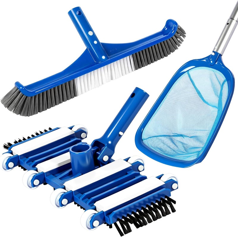 Tioncy 3 Pcs Pool Cleaning Kit Manual Pool Vacuum Head with Wheels and Bottom Side Brushes, Brush and Skimmer Net Fine Mesh for Above Ground In-ground Ponds Spas Hot Tubs - Image 1