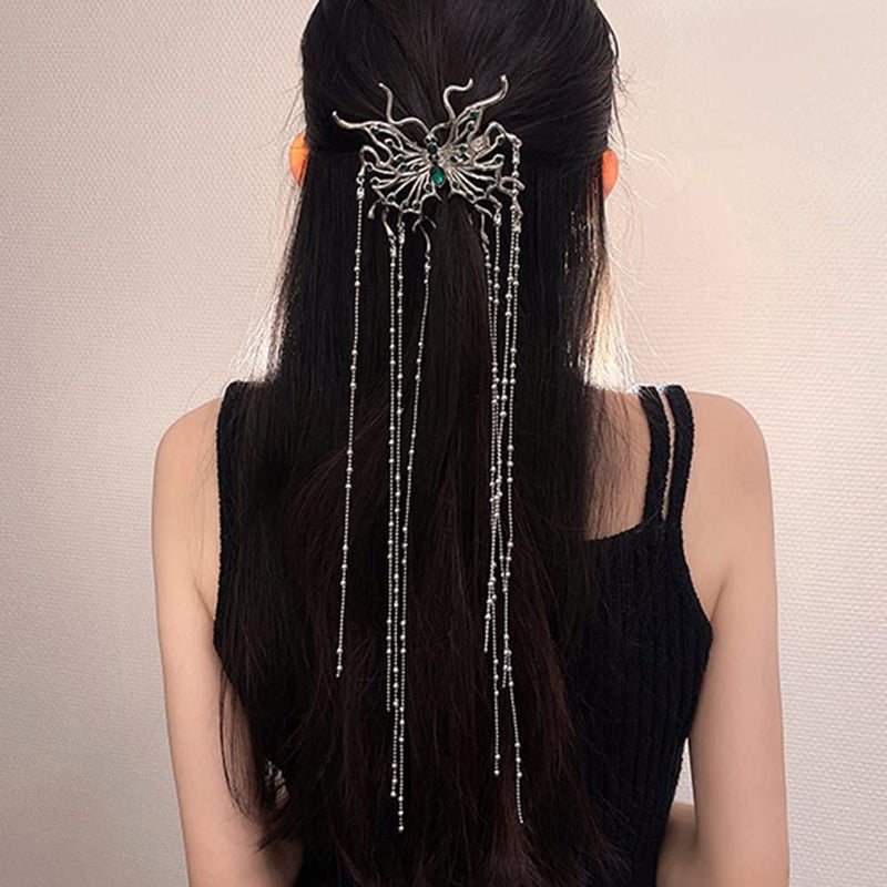 Jumwrit Silver Rhinestone Hair Clip Semi Circle Hair Barrette Long Beaded Chain Tassel Ponytail Holder Clip Boho Big Spider Hair Clip Bling Hair Accessories for Women Girls