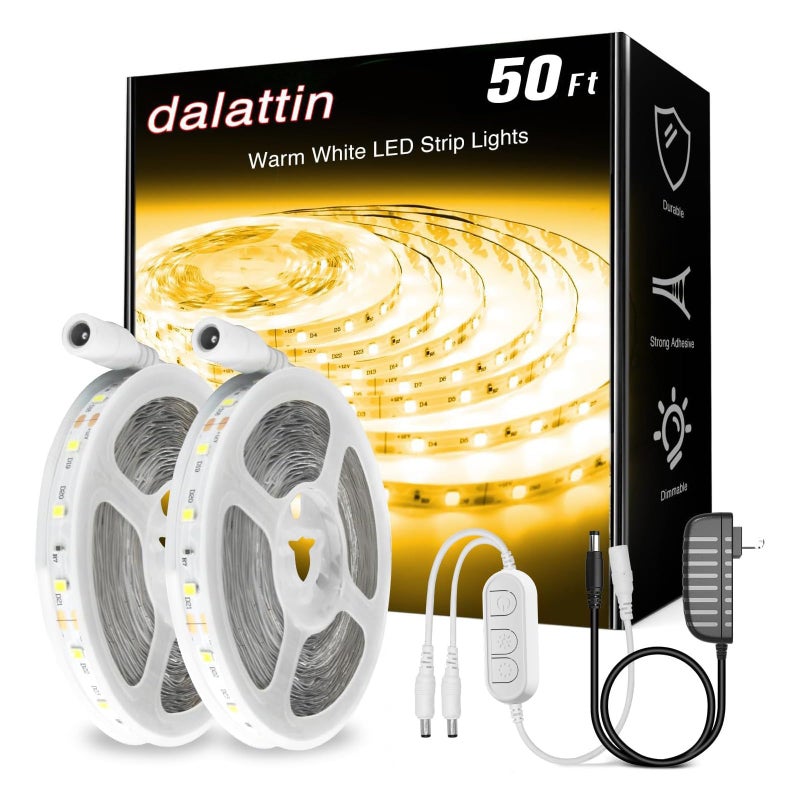 dalattin Warm White LED Strip Lights 50ft, Led Lights Strip Dimmable Bright 24V 3000K, 900 LEDs Lights for Bedroom, Mirror, Kitchen, Strong Adhesiveï¼ˆ2 Rolls of 25ftï¼‰ - Image 1