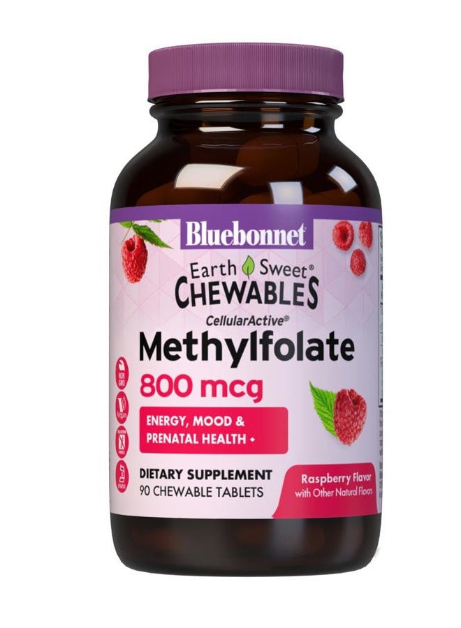 Bluebonnet EarthSweet Methylfolate 800 mcg Cellular Active Coenzyme 5-MTHF L Methyl Folate Supplement - Prenatal & Energy Support* - Non-GMO, Vegan, Gluten-Free - Raspberry - 90 Chewable Tablets - Image 1
