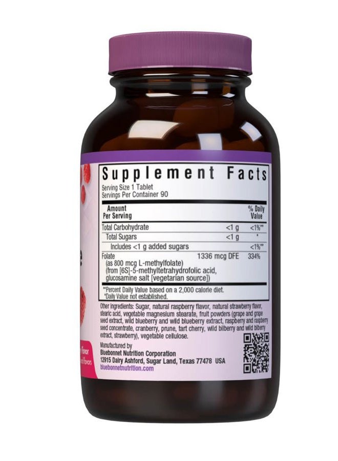 Bluebonnet EarthSweet Methylfolate 800 mcg Cellular Active Coenzyme 5-MTHF L Methyl Folate Supplement - Prenatal & Energy Support* - Non-GMO, Vegan, Gluten-Free - Raspberry - 90 Chewable Tablets - Image 2