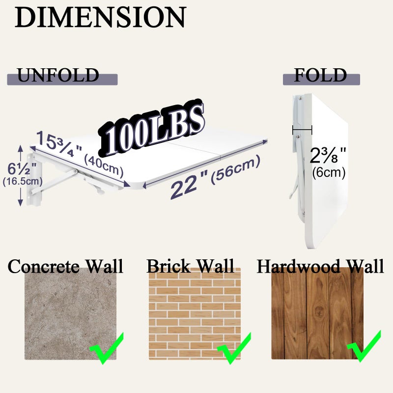 TEAMIX Wall Mounted Folding Table, White Floating Desk for Small Spaces Laundry Shelf with Heavy Duty Brackets Floating Desk for Garage, Utility Room, Kitchen, Laundry Room - Image 5