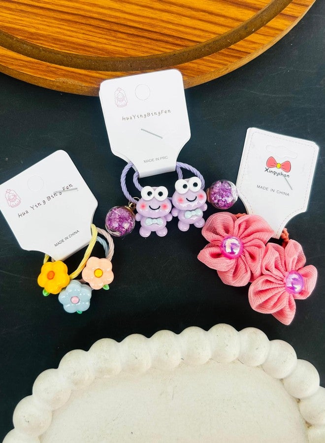 Radhya Accessories Cartoon Hairties for Girls (Pack of 6-3 pairs) Flower Rubberbands for Kids Toddlers Baby Girl Doll hairties Gift for Kids Korean Hair Accessories (Set 5) - Image 1