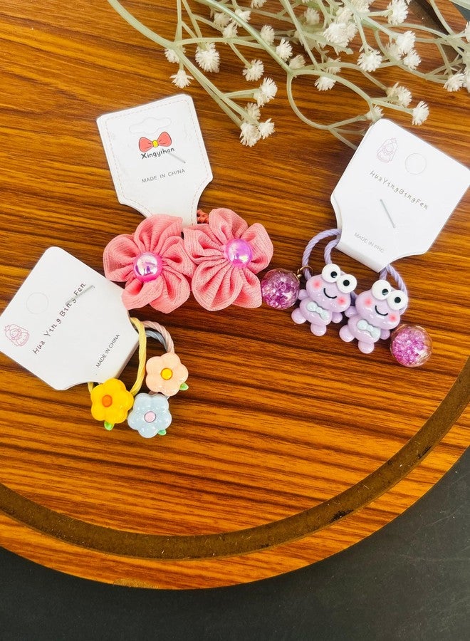 Radhya Accessories Cartoon Hairties for Girls (Pack of 6-3 pairs) Flower Rubberbands for Kids Toddlers Baby Girl Doll hairties Gift for Kids Korean Hair Accessories (Set 5) - Image 2
