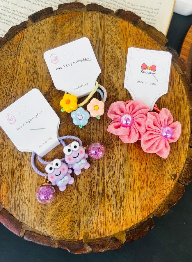Radhya Accessories Cartoon Hairties for Girls (Pack of 6-3 pairs) Flower Rubberbands for Kids Toddlers Baby Girl Doll hairties Gift for Kids Korean Hair Accessories (Set 5) - Image 3