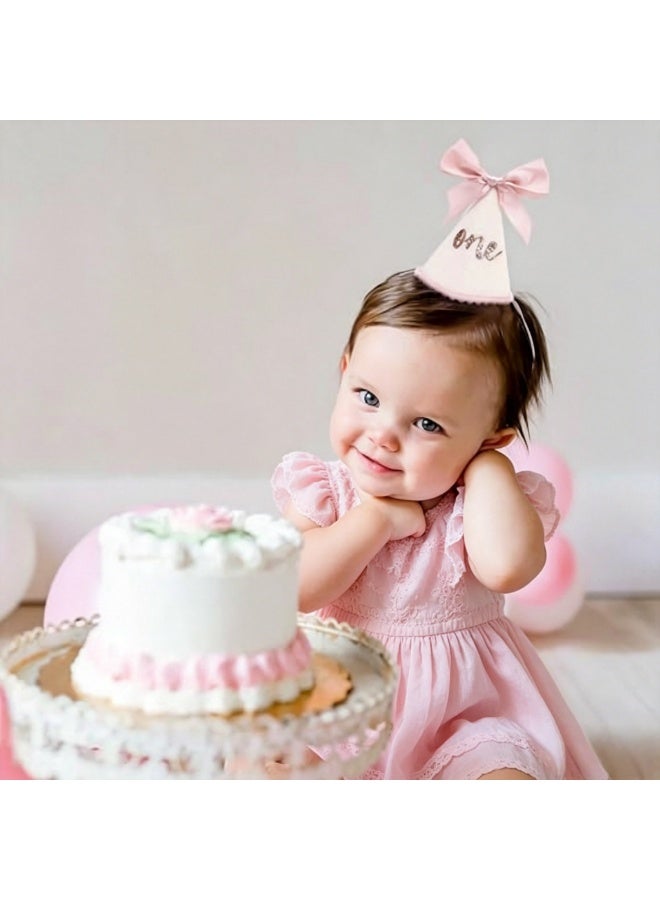 قبعات عيد الميلاد الأول: قبعة عيد الميلاد الأول مزينة برقم لامع وعقدة وردية، لتزيين حفلات أعياد ميلاد الأطفال، كإكسسوار للتصوير، وقبعة بأسلوب الأميرة مع عقدة، ومناسبة لـ"كعكة السماش" - Image 4