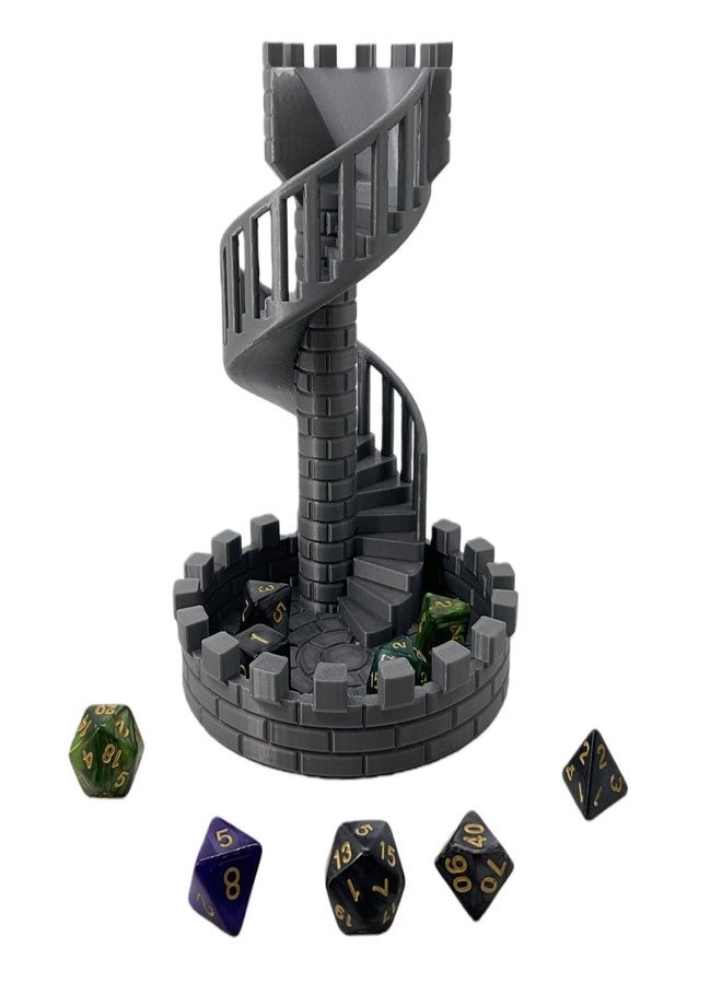 XJPONGC Dice Spiral Staircase Castle Dice Tower Dungeons and Dragons RPG Tabletop Roleplaying Game Jail D&D (Random 7PCS D20 Dice Set Included) Silver - Image 1