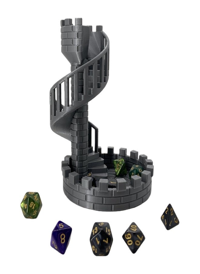 XJPONGC Dice Spiral Staircase Castle Dice Tower Dungeons and Dragons RPG Tabletop Roleplaying Game Jail D&D (Random 7PCS D20 Dice Set Included) Silver - Image 2