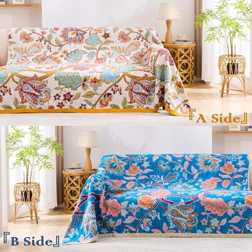 XIBLC Boho Throw Blanket for Bed, 100% Cotton Soft Rustic Quilt Fall Blanket, 80"x90" Floral Printed Farmhouse Decor Bed Blankets, All Season Rustic Reversible Bohemian Throw Quilt - Image 4