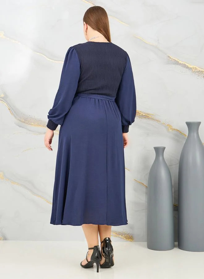 Styli Colorblock Self Tie Up A-Line Midi Dress