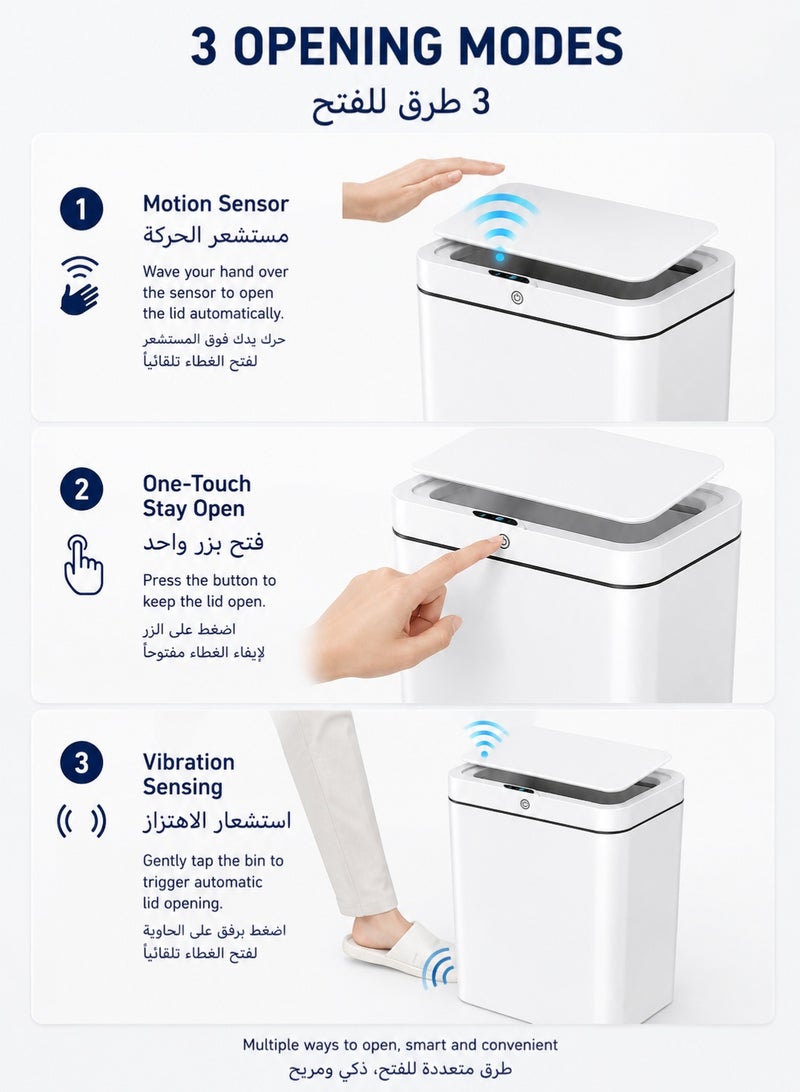 MYONE 15L Smart Touchless Trash Can with Motion Sensor Lid & Knee Sensing, Automatic Opening Garbage Bin, Silent Soft Close, Slim Bathroom Kitchen Office Waste Bin, Battery Powered - Image 2