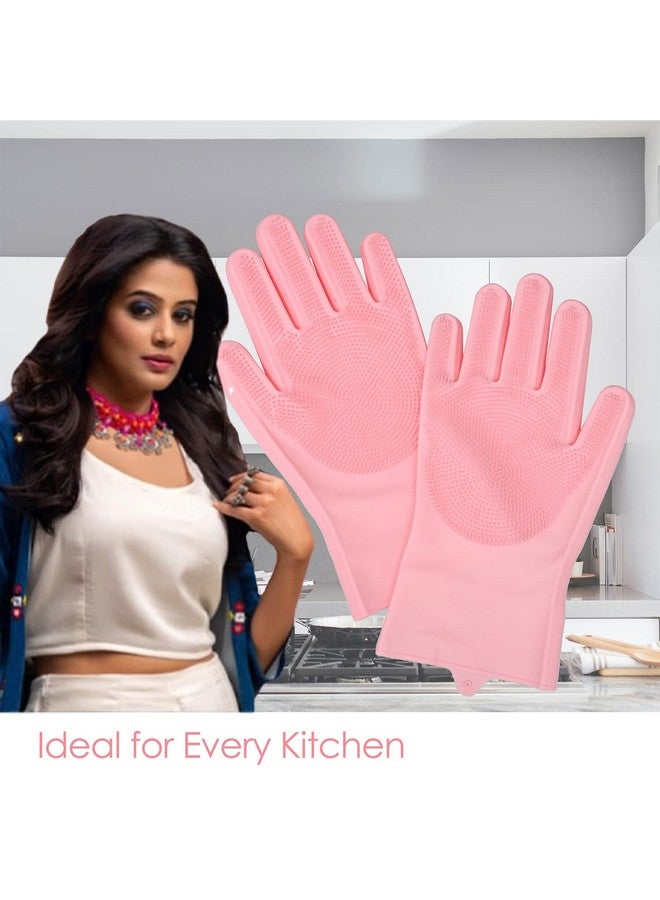 Kuber Industries Kuber Industries Kitchen Gloves|Silicone Kitchen Dish Washing Gloves|Scrubbing Gloves for Kitchen|Car Cleaning Gloves|Bathroom Cleaning Gloves|1 Pair (Pink) - Image 4