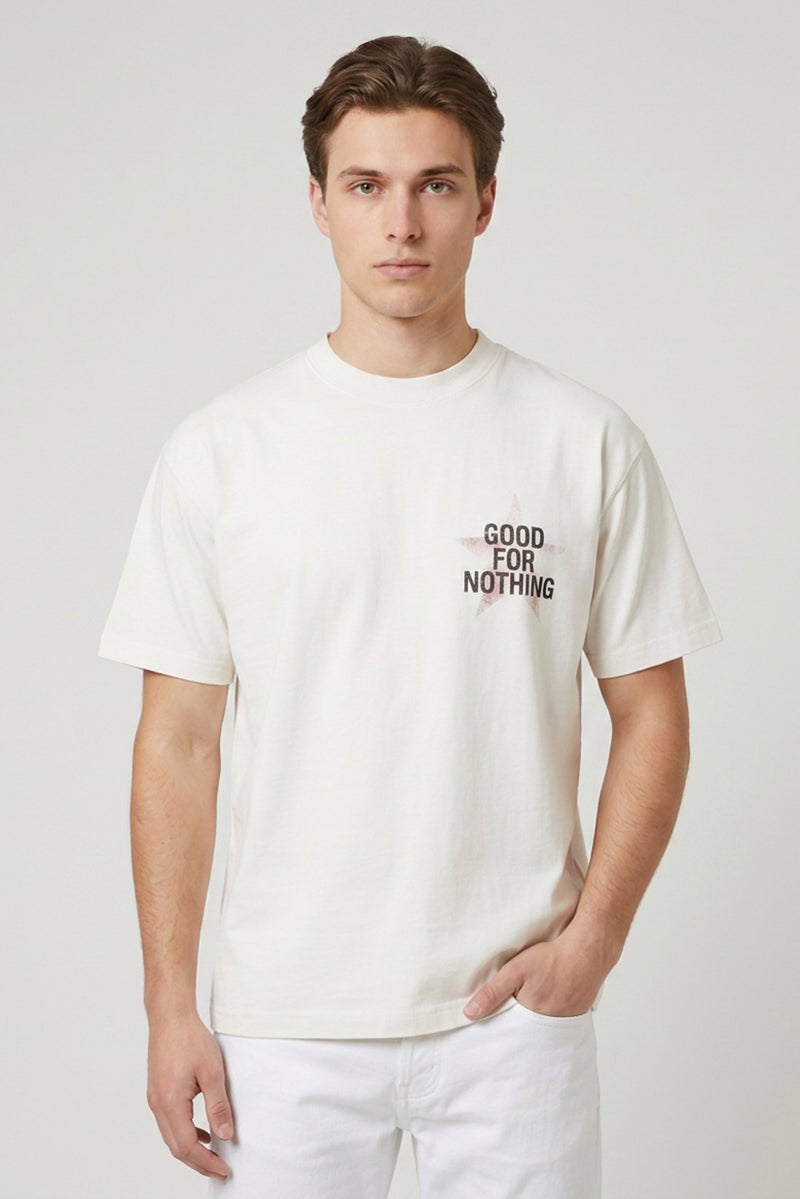 GOOD FOR NOTHING Men Crew Neck Short Sleeve Graphic Print T-Shirt, Off White - Image 1