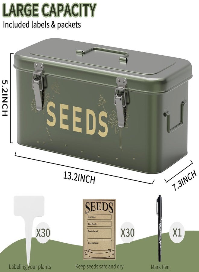 Orionstar Seed Storage Organizer, Metal Seed Saving Box with Lid, Seed Bin with 30 Plant Labels 30 Seed Envelopes 1 Marker Pens, 4 Compartments Box with Safety Locks, Blackish Green - Image 3