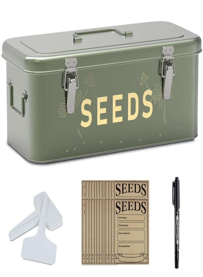Orionstar Seed Storage Organizer, Metal Seed Saving Box with Lid, Seed Bin with 30 Plant Labels 30 Seed Envelopes 1 Marker Pens, 4 Compartments Box with Safety Locks, Blackish Green - Image 1