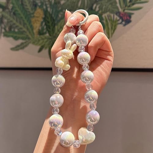 KC Keychain Phone Wrist Strap Pearl Beaded Mobile Phone Charm Hanging Bracelet Rabbit Lanyard for Phone, Purse, Camera, Bags, Case Cover For Girls Women White - Image 2